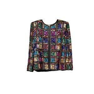 Vintage Laurence Kazar Rainbow Sequin Jacket Size Medium Party Cocktail